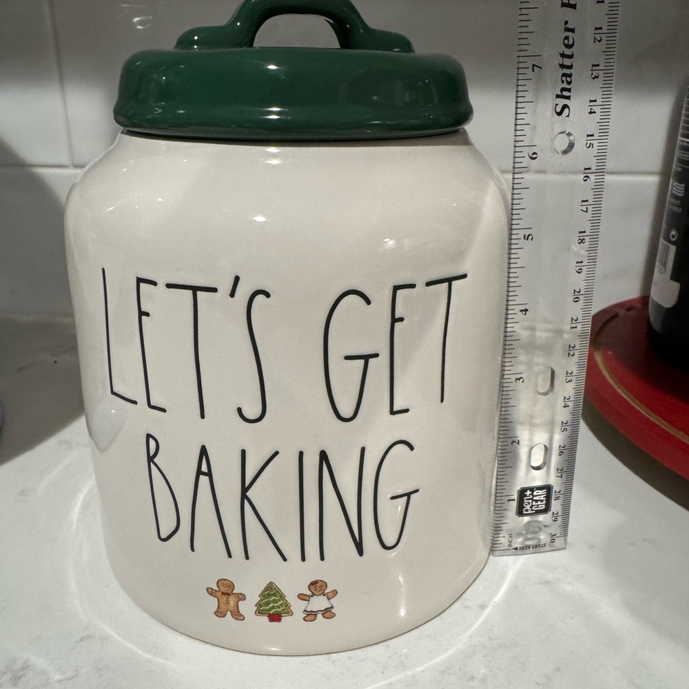 Rae Dunn Green and White Baking Jar